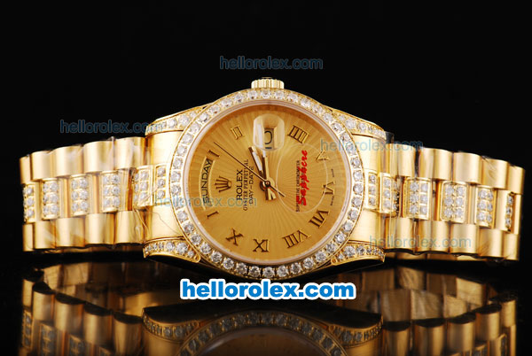 Rolex Day Date Oyster Perpetual Automatic Movement Full Gold Case with Diamond Bezel and Rose Gold Roman Markers-SS Strap - Click Image to Close